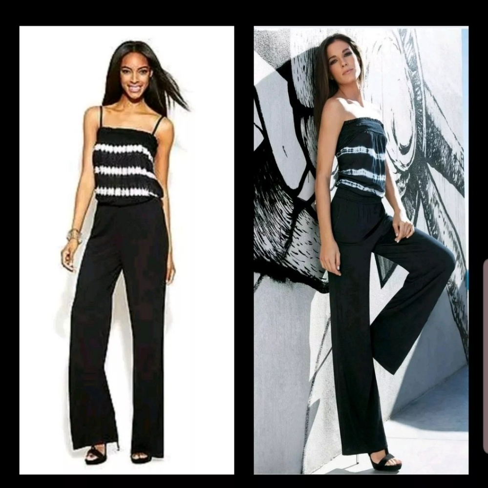 INC Black White Tie Dye Jersey Strapless Jumpsuit